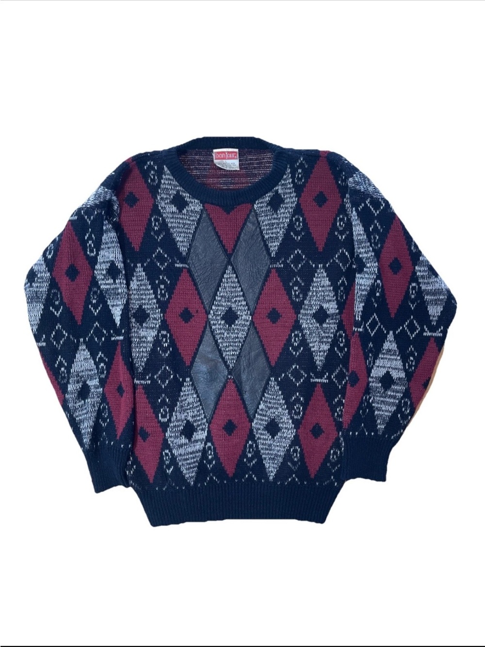 Vintage Bonjour Sweater Size Large Red Black Grey Diamond Acrylic 90s Style